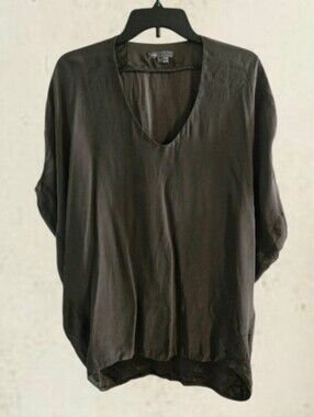 Vince 100% Silk Relaxed Baggy V-Neck Tunic in Dark Gray Large